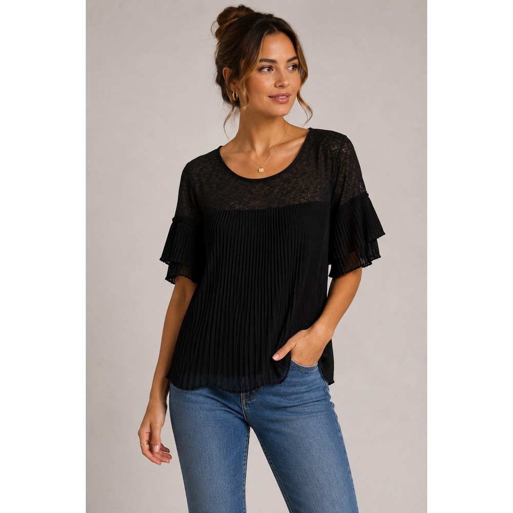Witchery Womens Black Pleated Blouse Short Sleeve Workwear Minimalist Top M